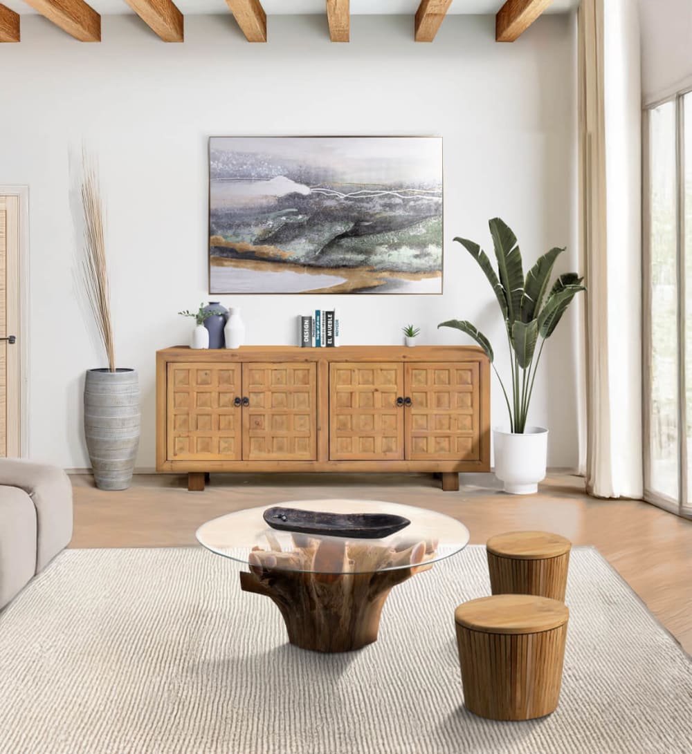 Couchtisch aus Teakholz und Glas, D 80 cm, beige - Maisons Du