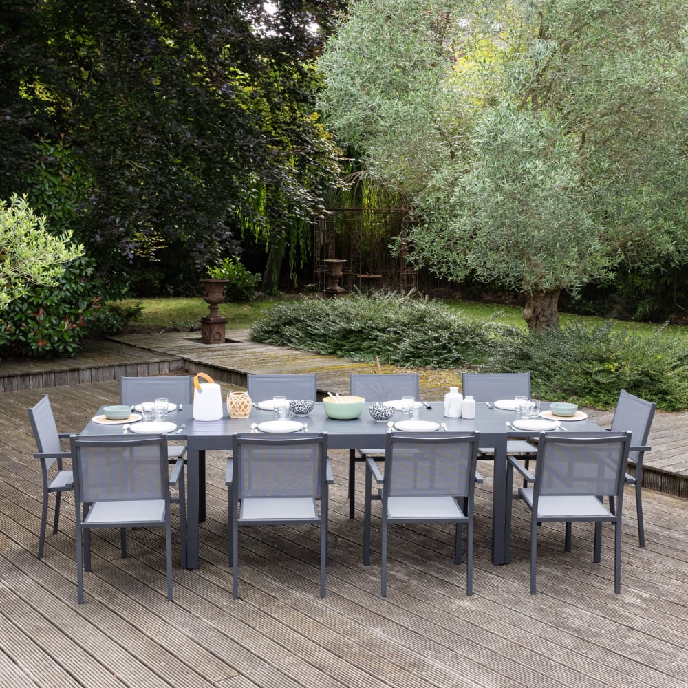 Salon de jardin table 180/300cm aluminium anthracite et gris