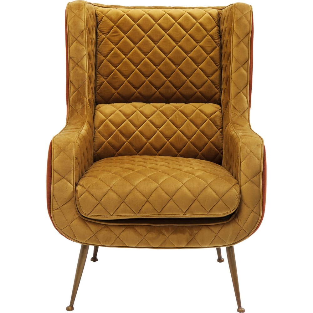 Fauteuil en velours ocre, cuivre et acier doré