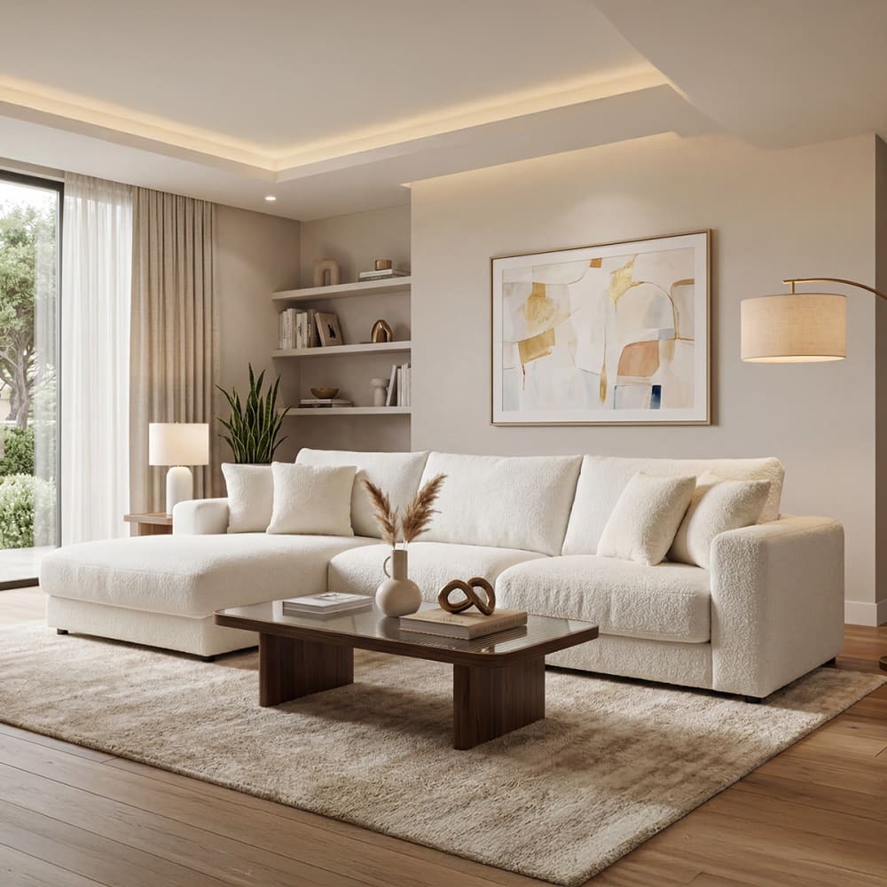 Canapé 5 places laine bouclée angle gauche blanc cassé - Maisons du Monde