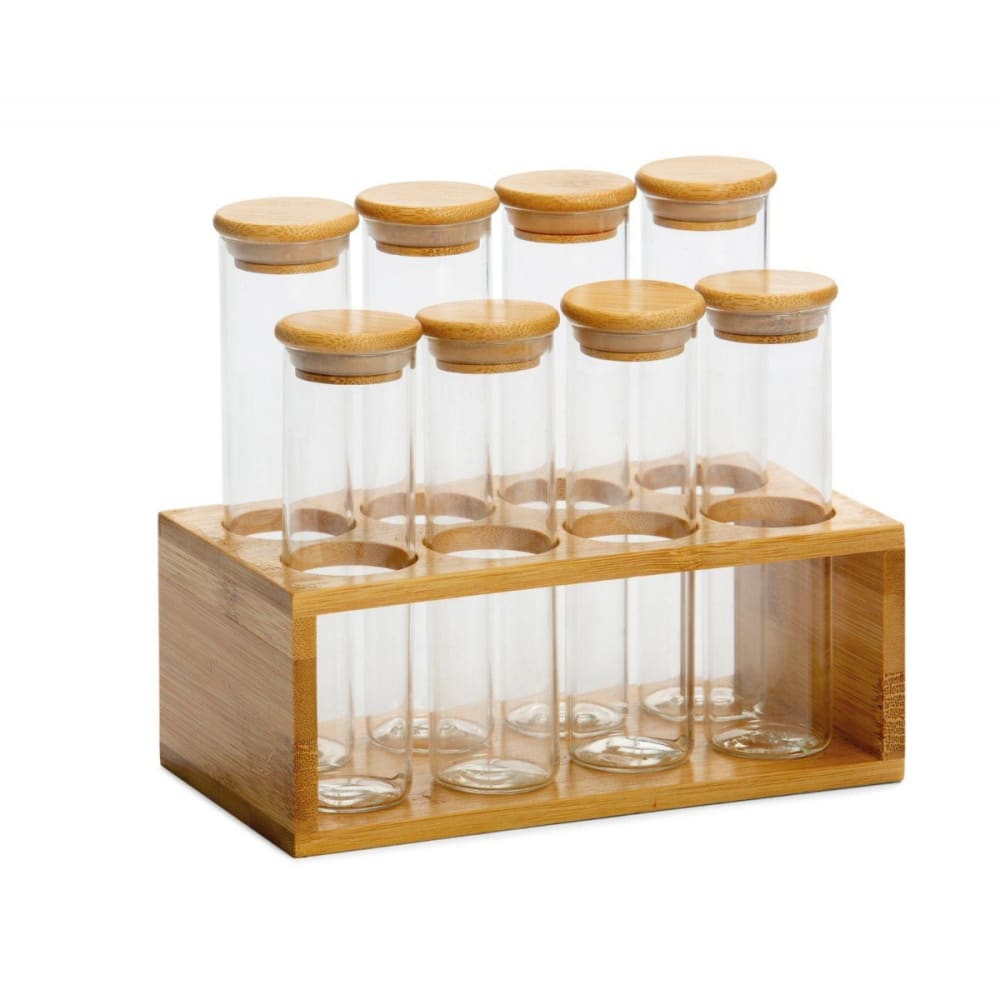 Wadiga Set de 8 pots à épices en verre et support en bambou 18,5x10x16,5cm Transparent