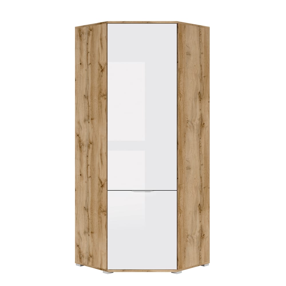 Armoire d'angle 2 portes blanche et naturelle