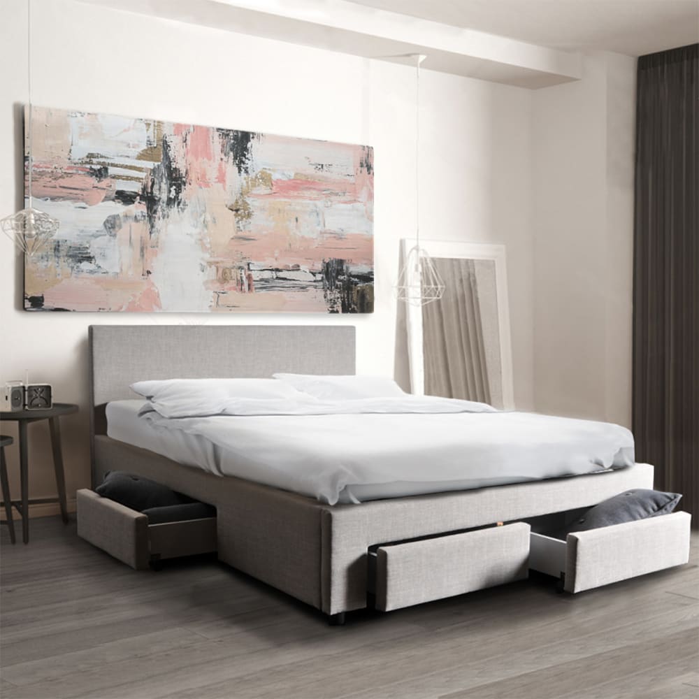 Bett mit 4 Schubladen, hellgrauer Stoff, 140x190 cm - Maisons Du