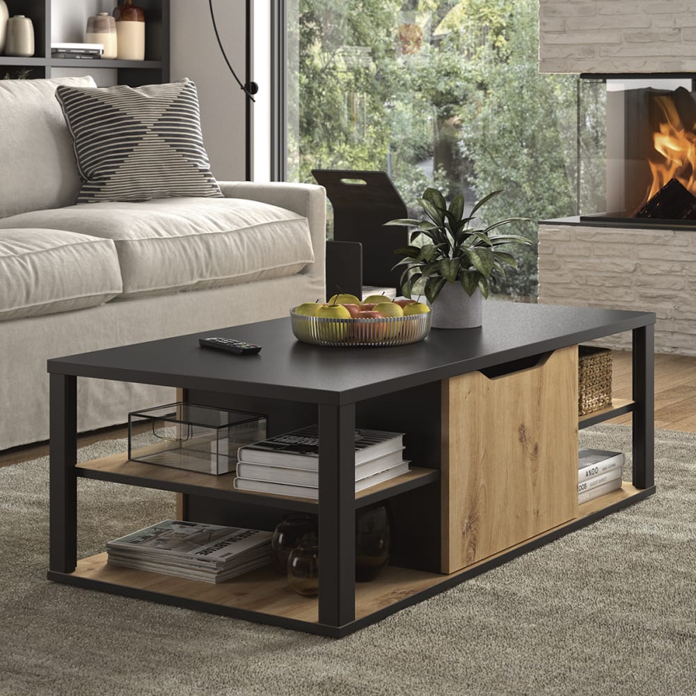 Mesa de centro con almacenaje central - efecto roble y negro - Maisons du Monde