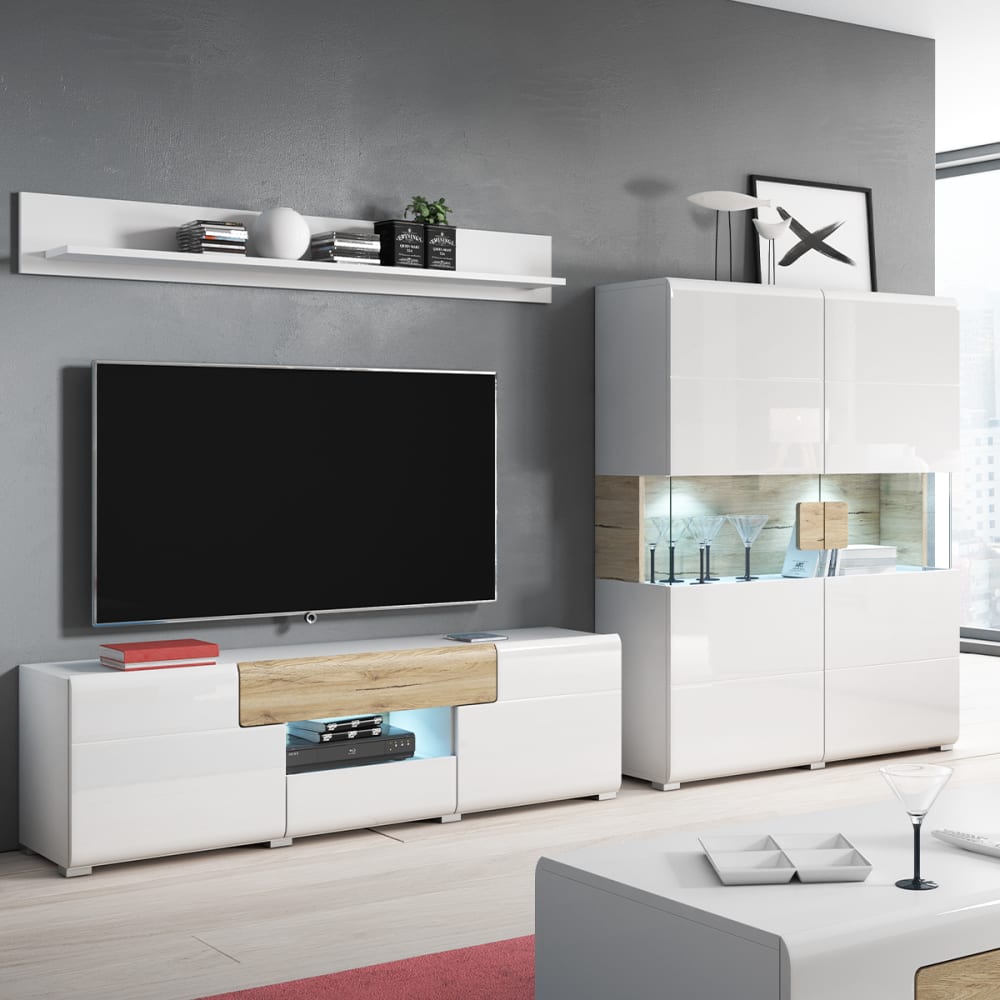 Vaisselier 2 portes avec LED stratifiés blanc et bois