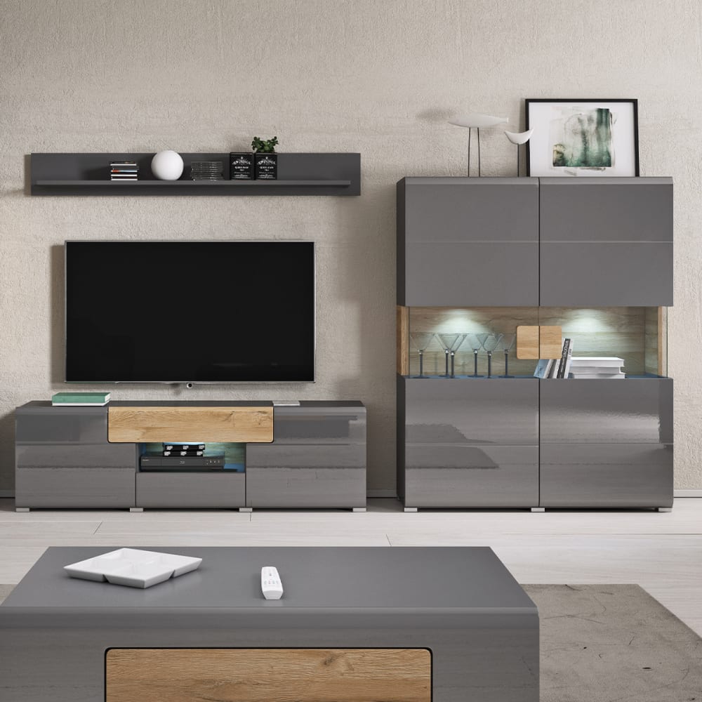 Vaisselier 2 portes avec LED stratifiés gris et bois