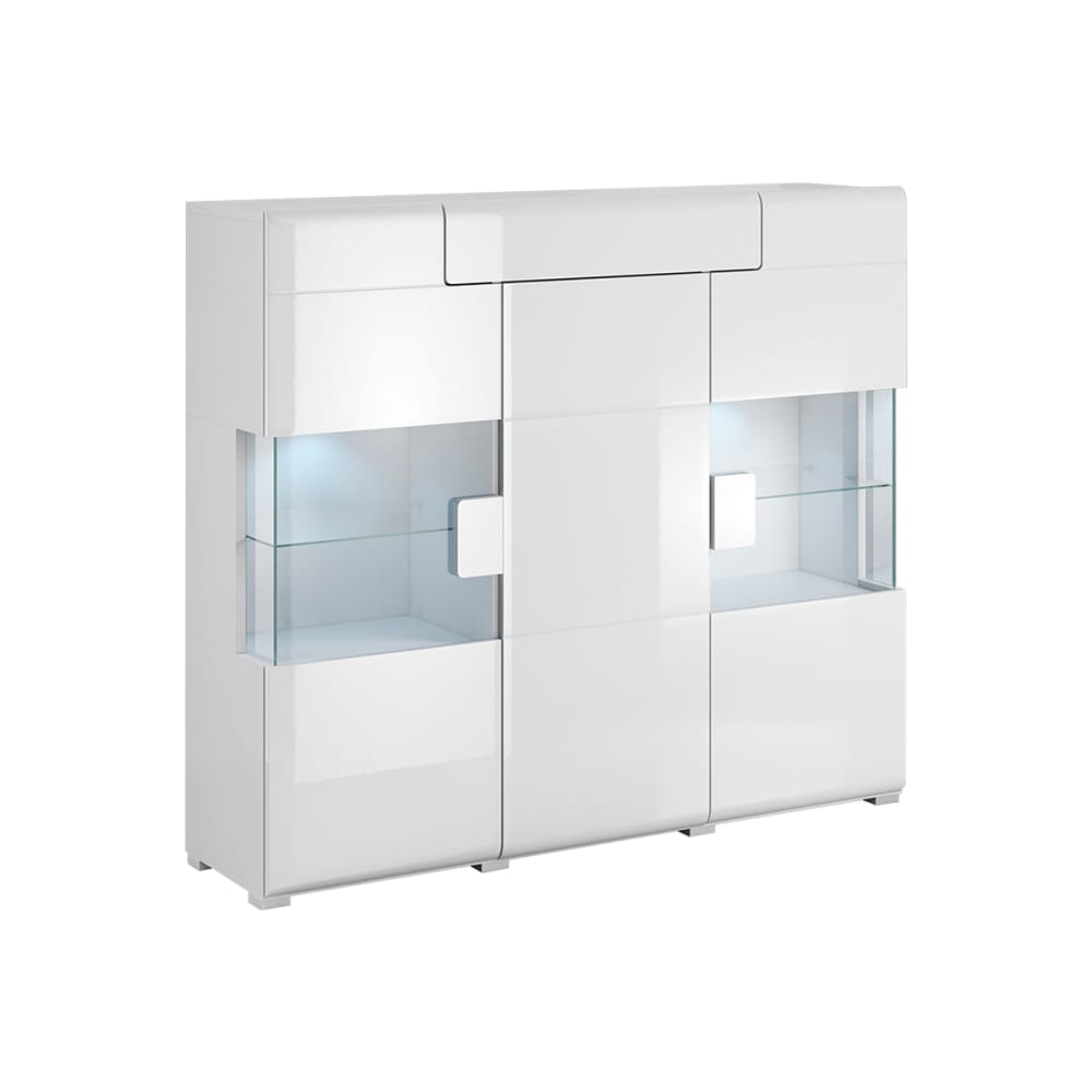 Petits meubles Buffet haut 3 portes 1 tiroir avec led panneaux agglomérés stratifiés Blanc Panneau De Particules - 147x131x39cm