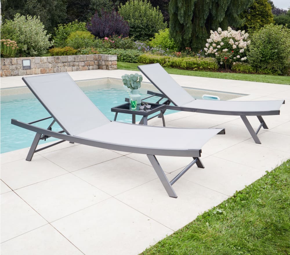 Ensemble transat de jardin et table basse en acier  gris perle