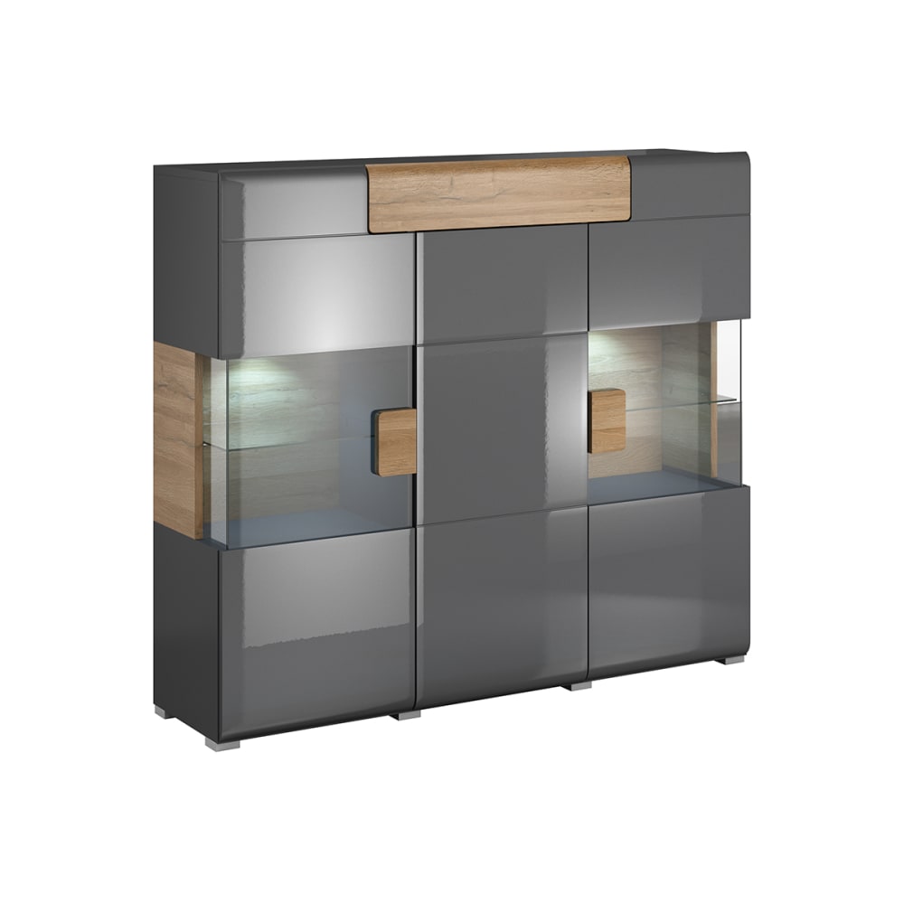 Buffet haut 3 portes 1 tiroir avec LED stratifiés gris et bois