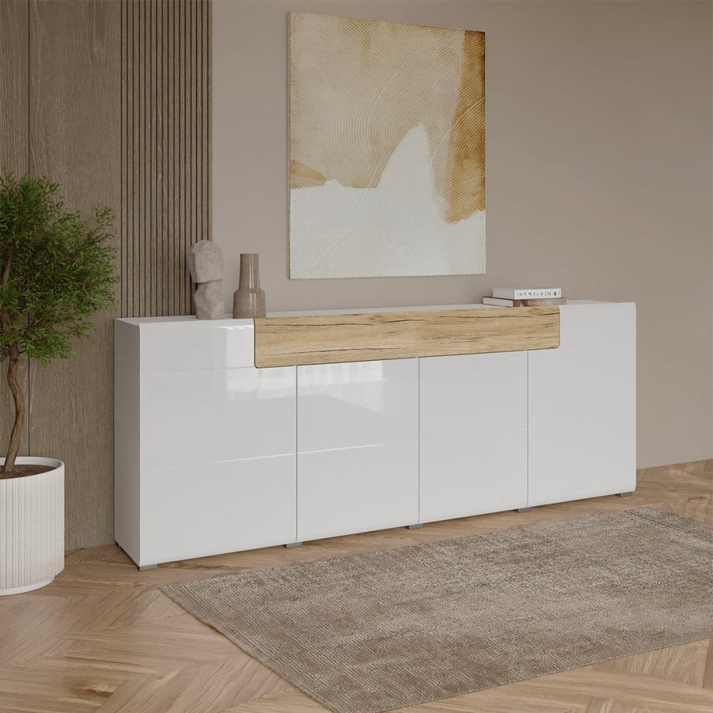 Sideboard 4 Türen 1 Schublade Laminierte Spanplatten Weiß und