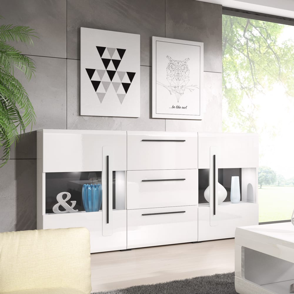 Buffet 2 portes 3 tiroirs avec led panneaux agglomérés stratifiés - Maisons du Monde