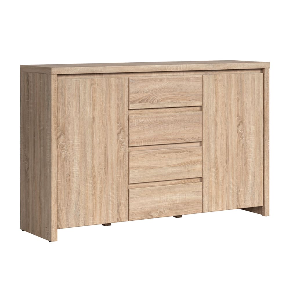 Petits meubles Buffet 2 portes 4 tiroirs panneaux agglomérés stratifiés marron Beige Panneau De Particules - 144x92x41cm