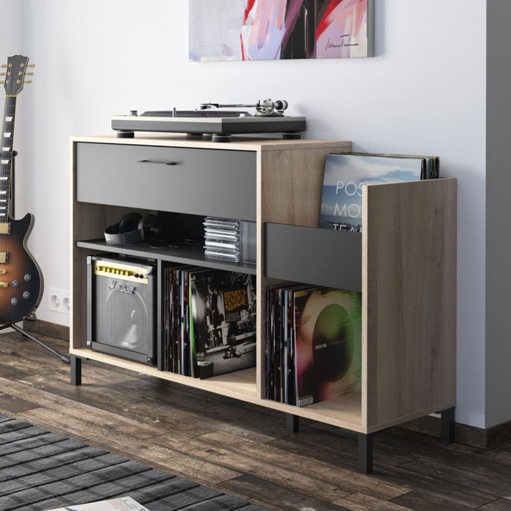 Rangement vinyles effet bois clair et noir