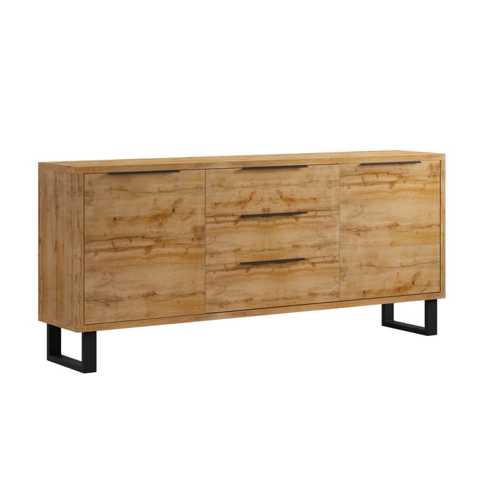 Petits meubles Buffet 2 portes 3 tiroirs panneaux agglomérés stratifiés marron Beige Panneau De Particules - 201x83x45cm