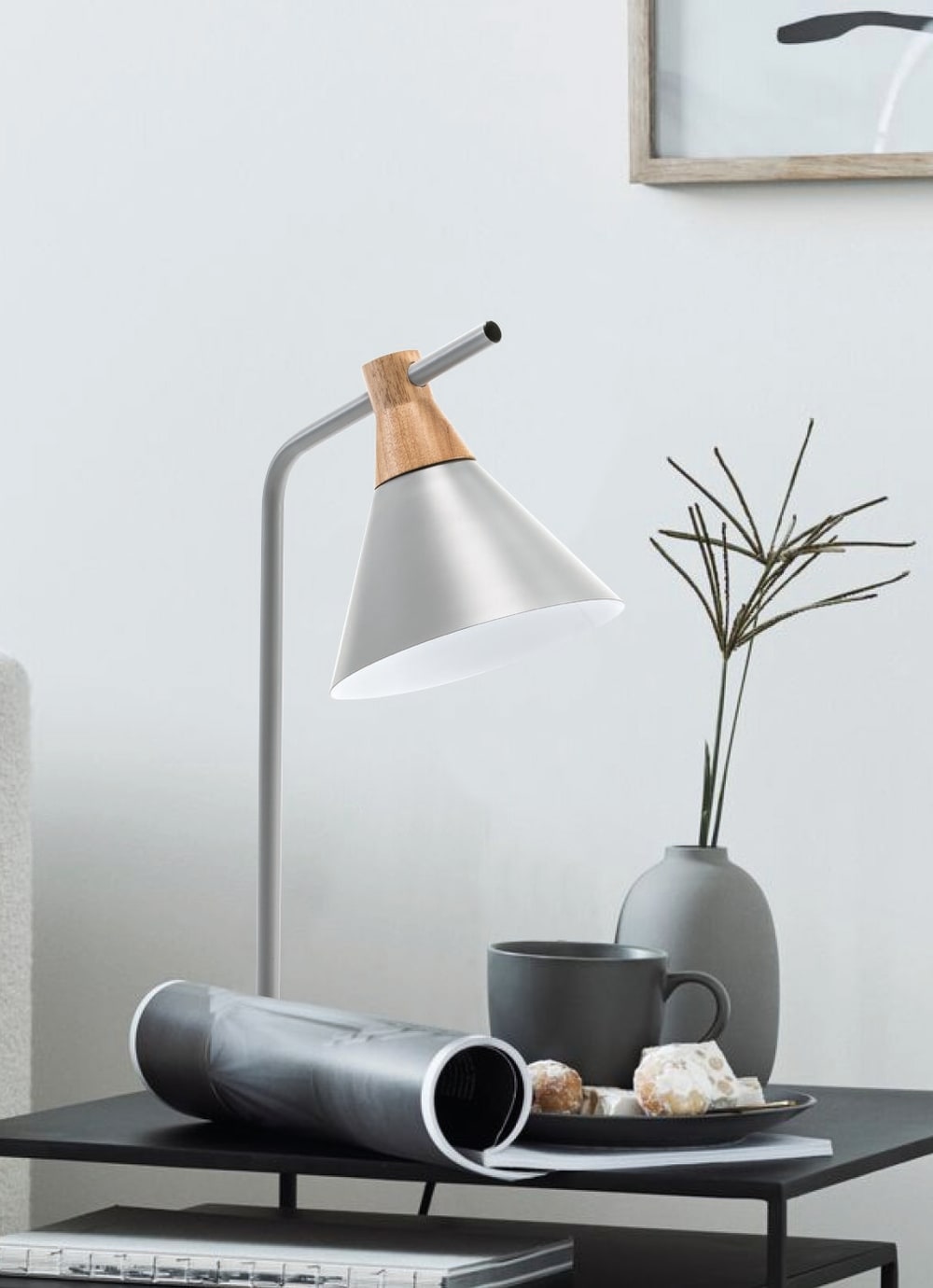 Lámpara de mesa gris y madera natural E27 estilo nórdico 55 cm - Maisons du Monde