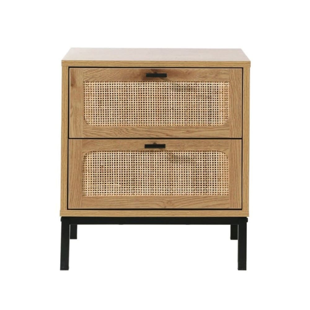 Chevet 2 Tiroirs Aspect Chêne avec Cannage Rotin - H51cm