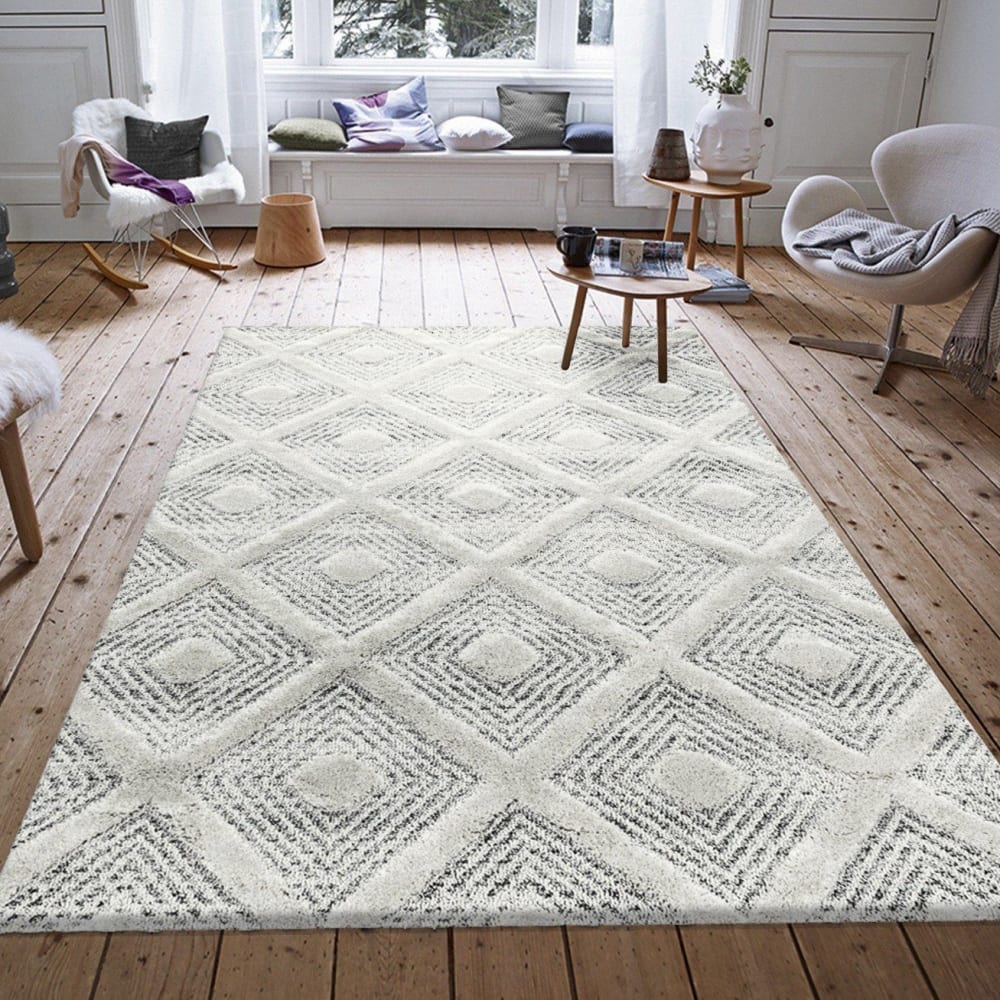 Tapis bohème à relief blanc ivoire 280x370cm