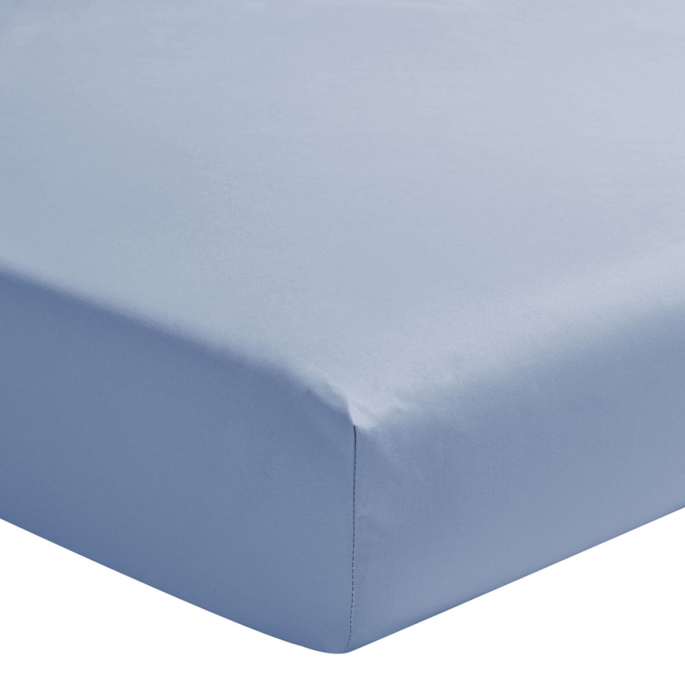 Drap housse en percale de coton bleu 90x200