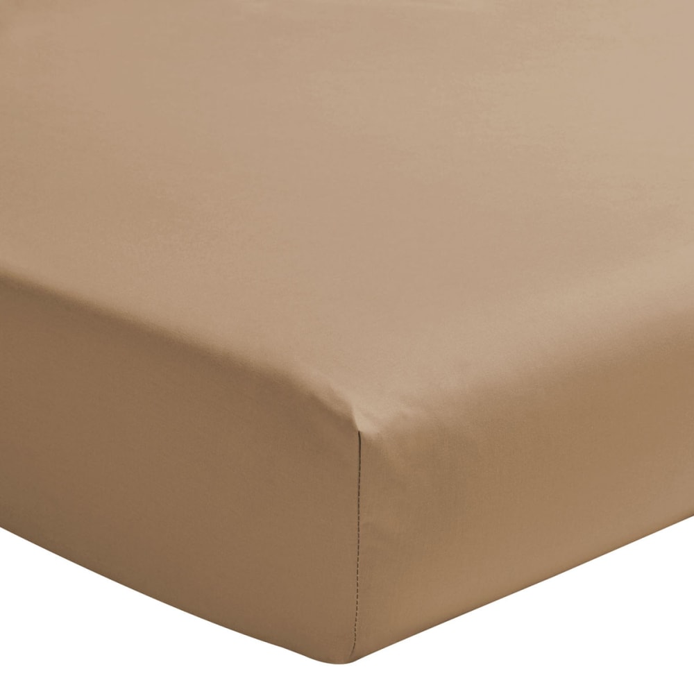 Drap housse en percale de coton beige 160x220
