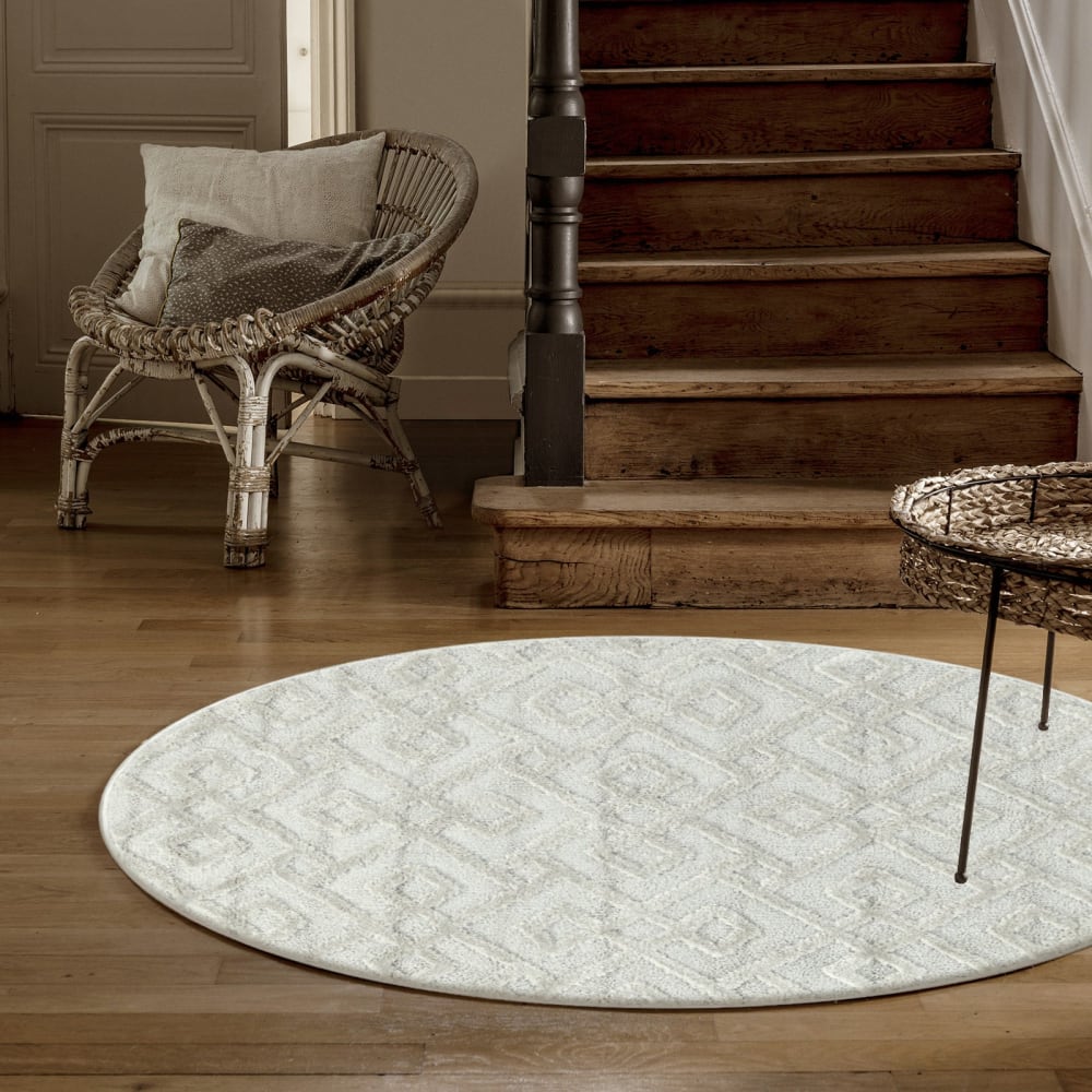 Tapis bohème rond à relief blanc ivoire 120x120cm — vue 3