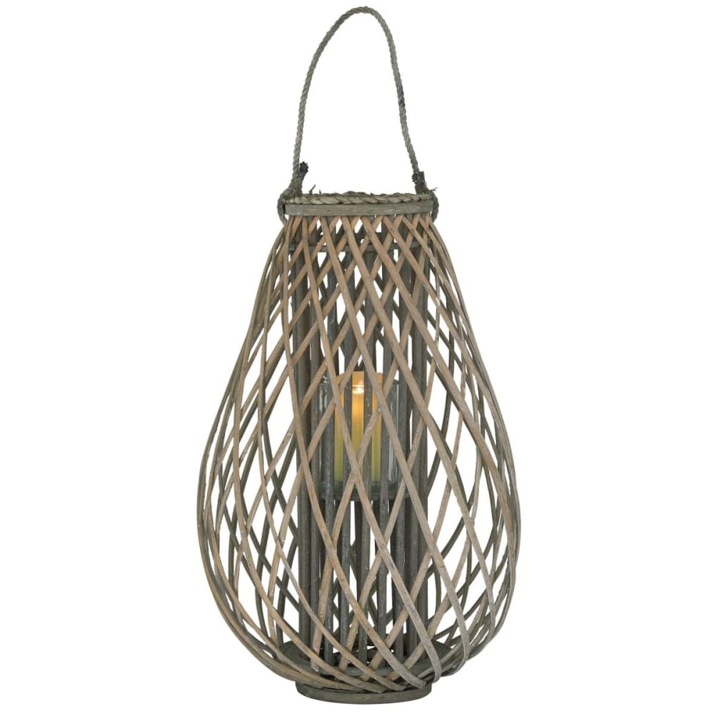 Lanterne goutte en osier gris et verre hauteur 65 cm