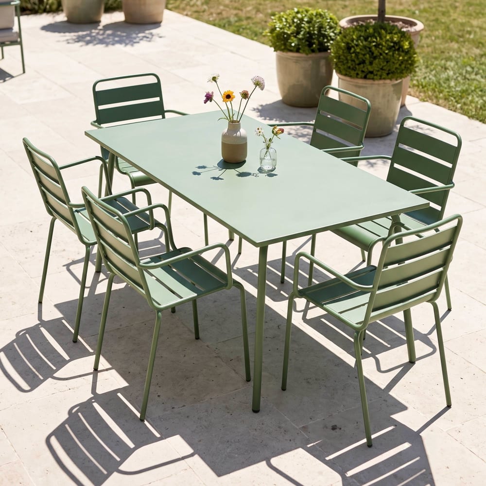 Ensemble table de jardin et 6 fauteuils en métal vert cactus - Maisons du Monde