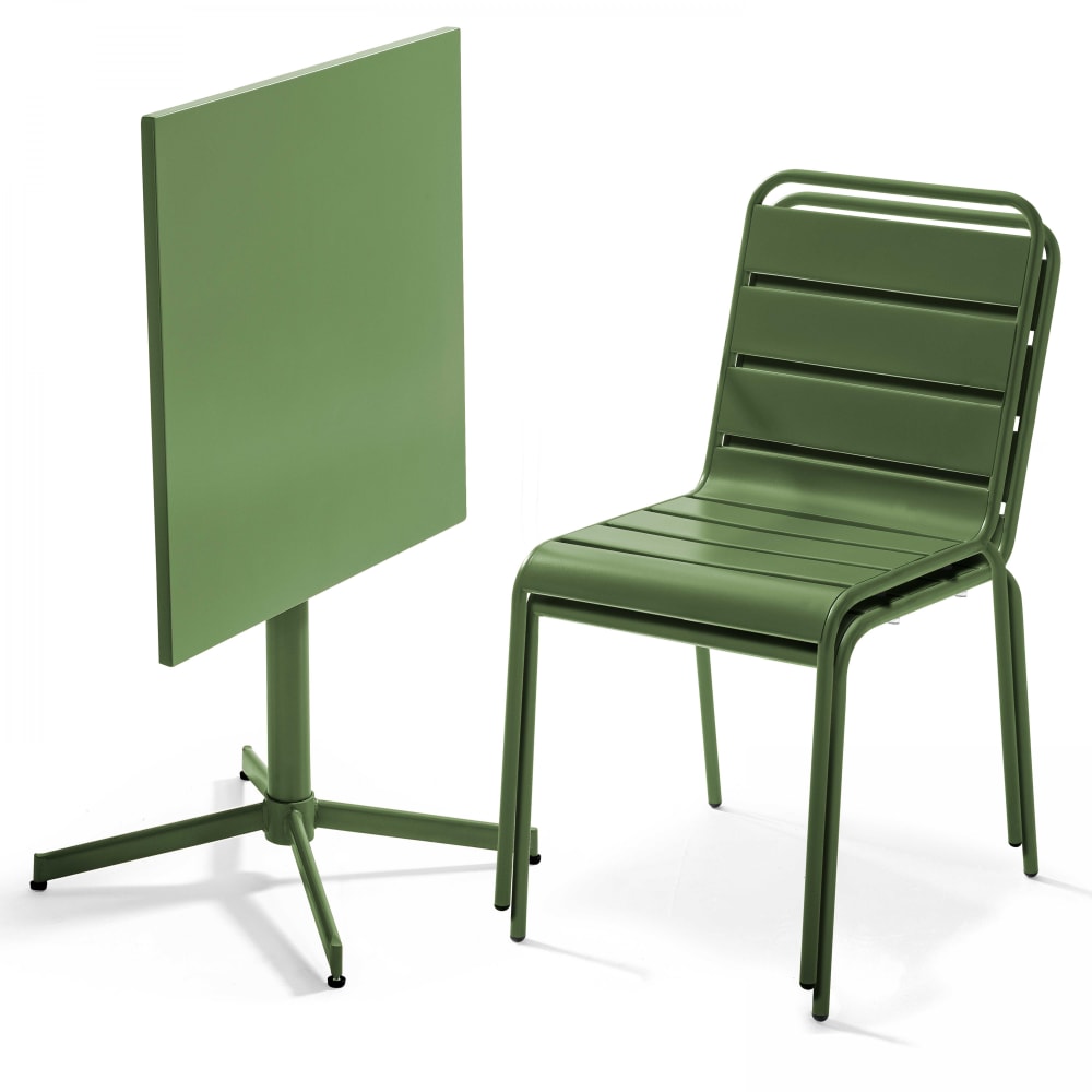 Ensemble table de jardin carrée et 2 chaises métal vert cactus