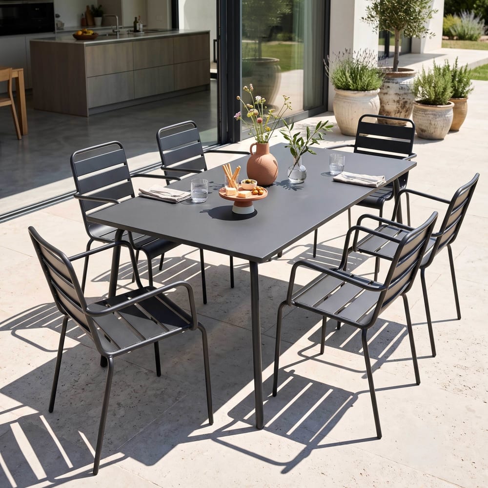 Ensemble table de jardin et 6 fauteuils en métal gris - Maisons du Monde