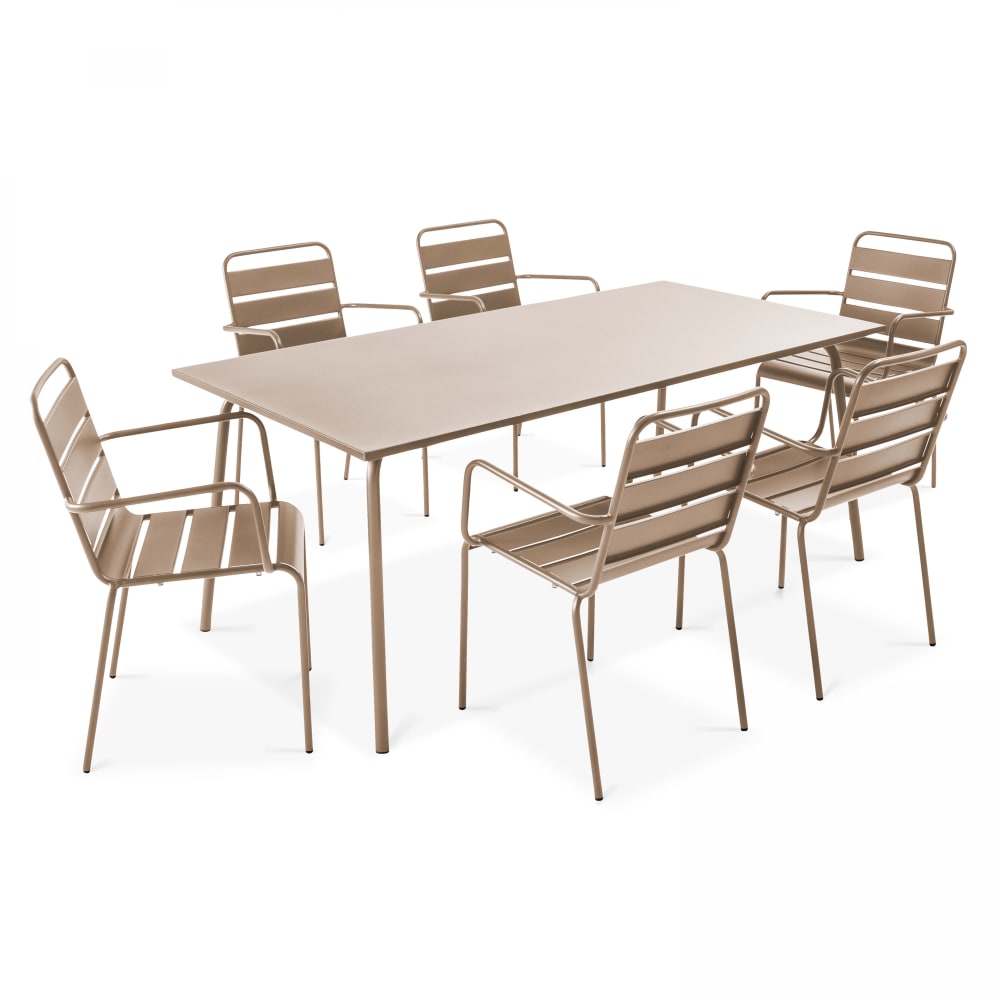 Ensemble table de jardin et 6 fauteuils en métal taupe