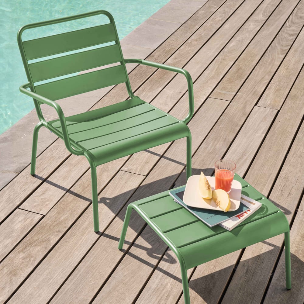 Fauteuil relax et repose pied en métal vert cactus