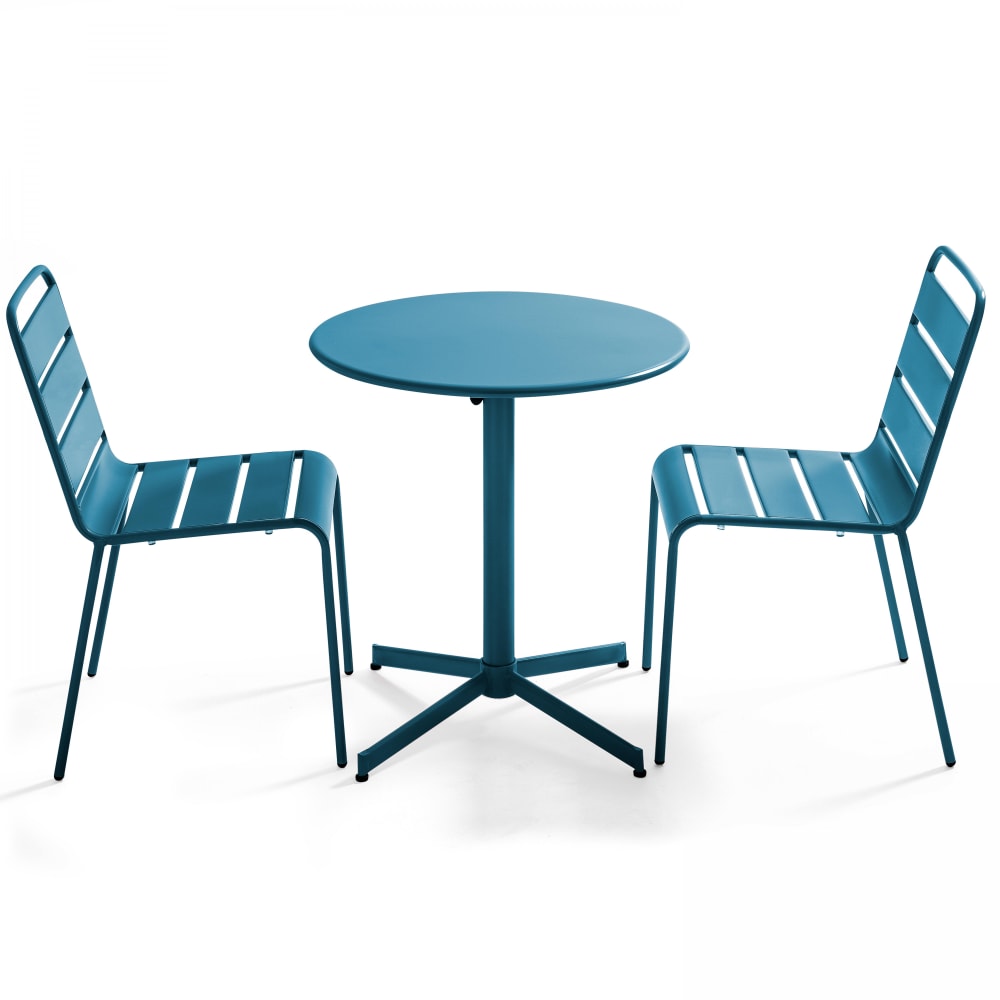 Ensemble table de jardin ronde et 2 chaises métal bleu pacific