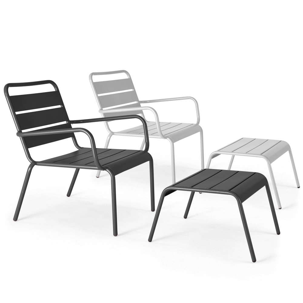 Lot 2 fauteuils relax avec repose-pieds métal gris et blanc