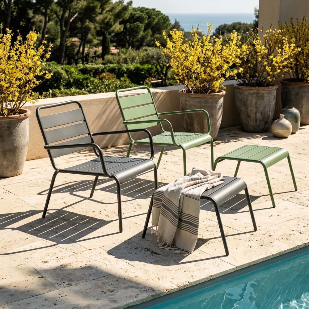 Lot 2 fauteuils relax avec repose-pieds métal gris et vert cactus