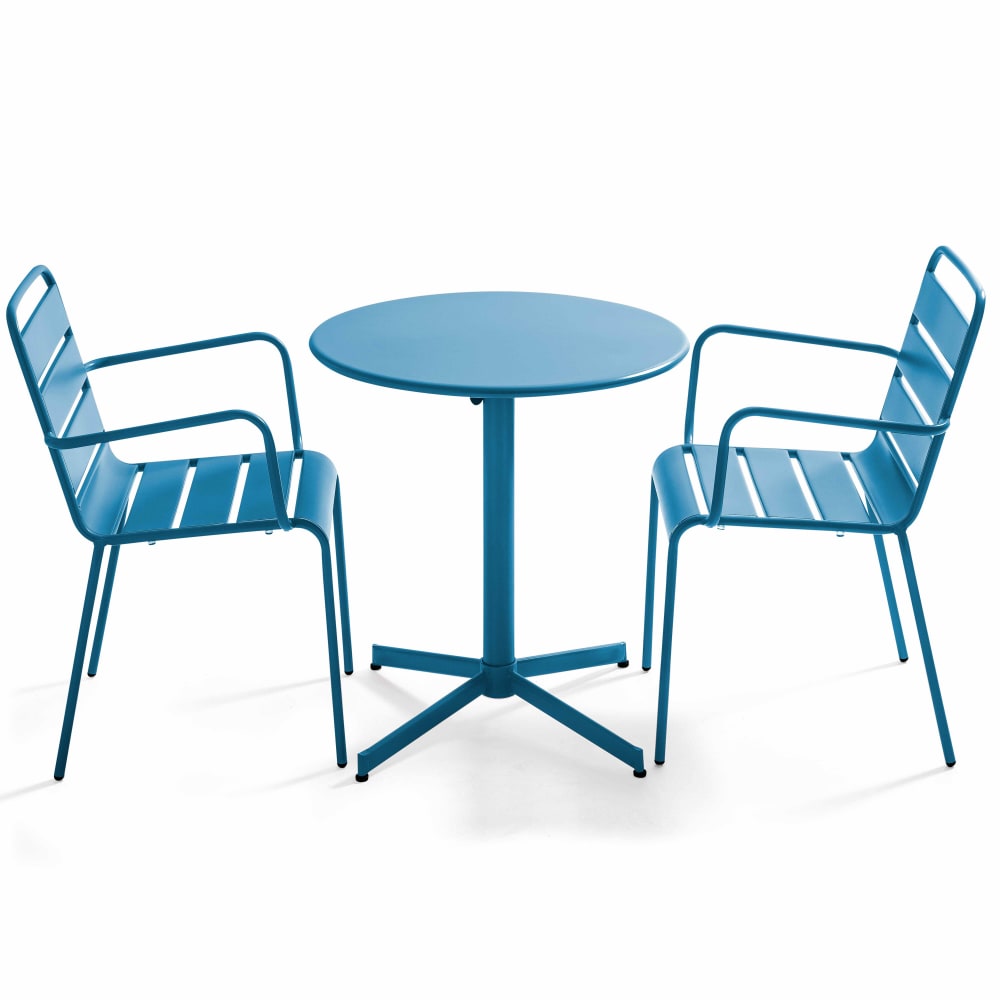 Ensemble table de jardin et 2 fauteuils métal bleu pacific