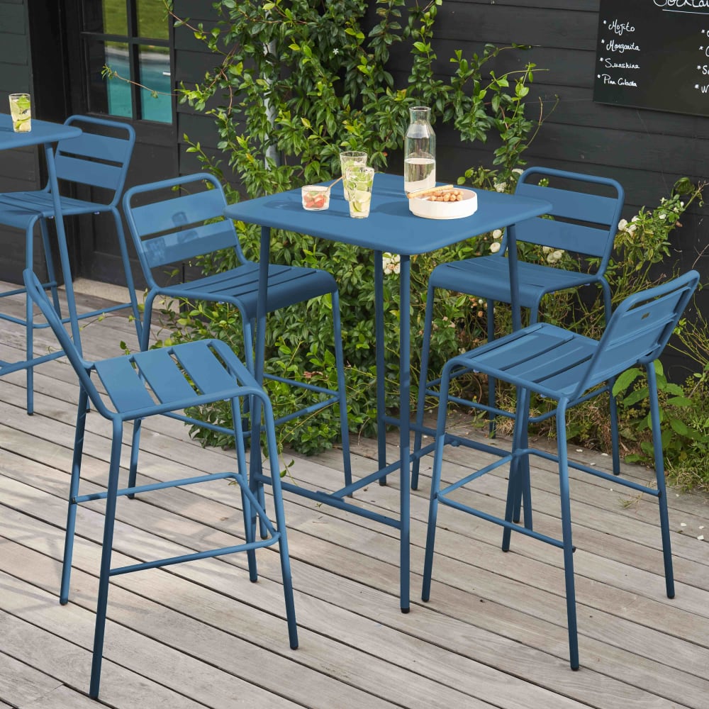 Ensemble table de bar et 4 chaises hautes en métal bleu pacific