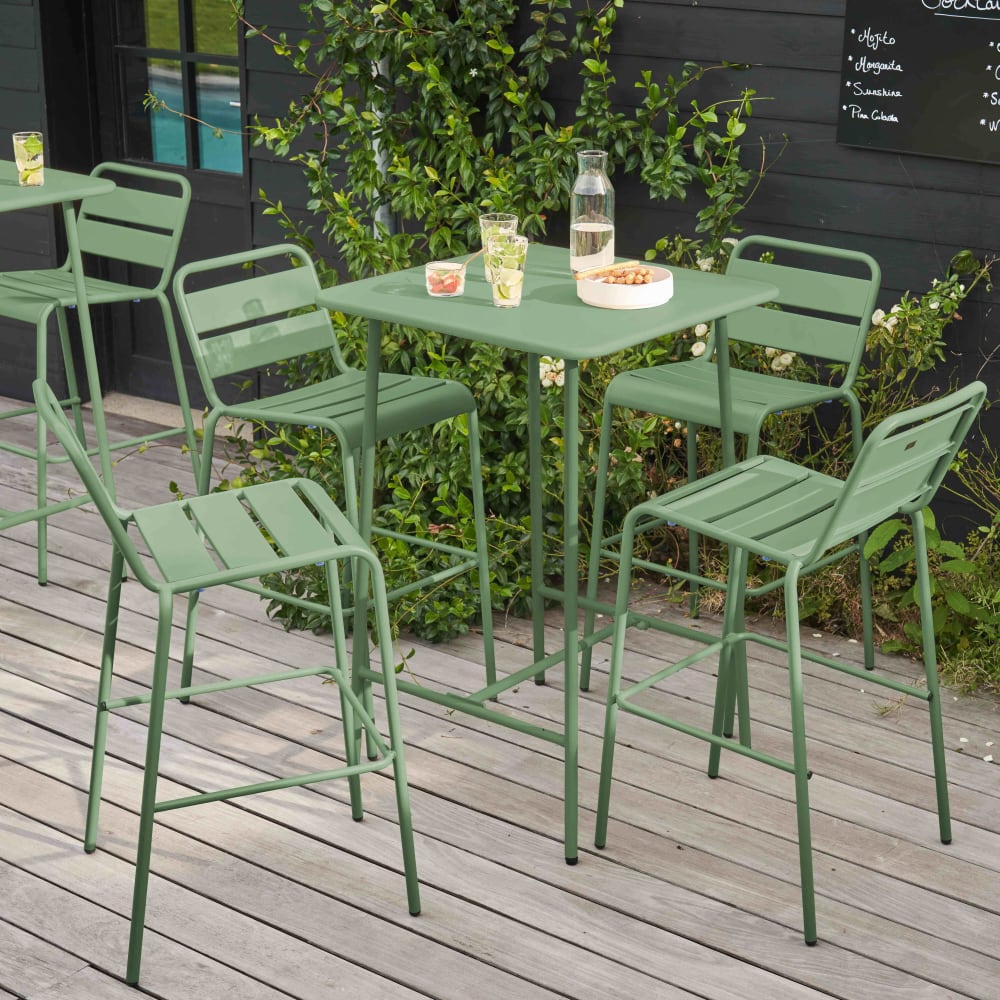 Ensemble table de bar et 4 chaises hautes en métal vert cactus