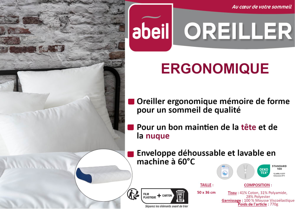 Oreiller ergonomique à mémoire de forme 50 x 36 x 10 cm blanc — vue 4