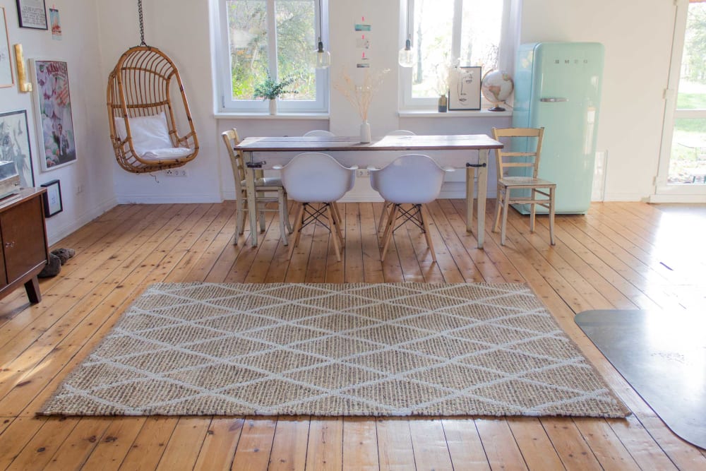 Tapis plat tissé main jute et laine vierge motif losange 80x300