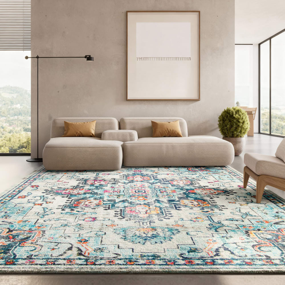 Tapis de salon interieur en creme & bleu, 160 x 229 cm — vue 3