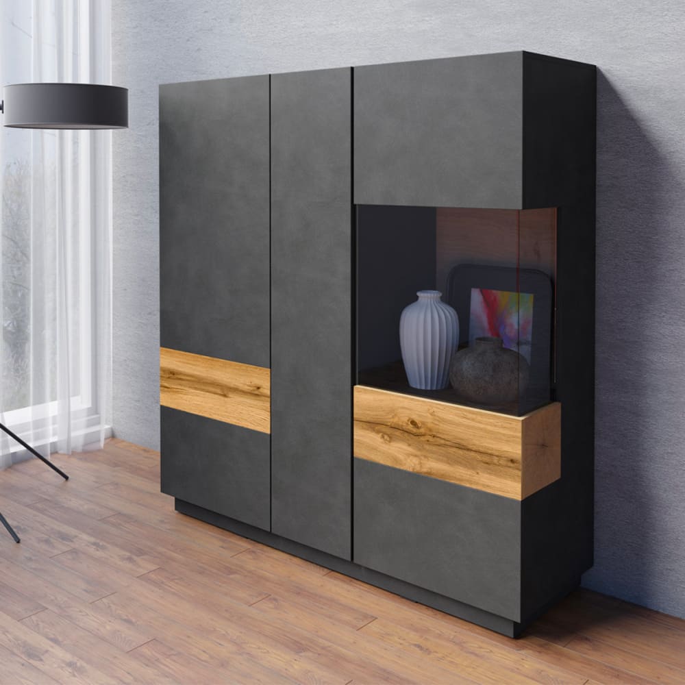 3-türiger Geschirrschrank Spanplatten Anthrazitgrau und Holz -