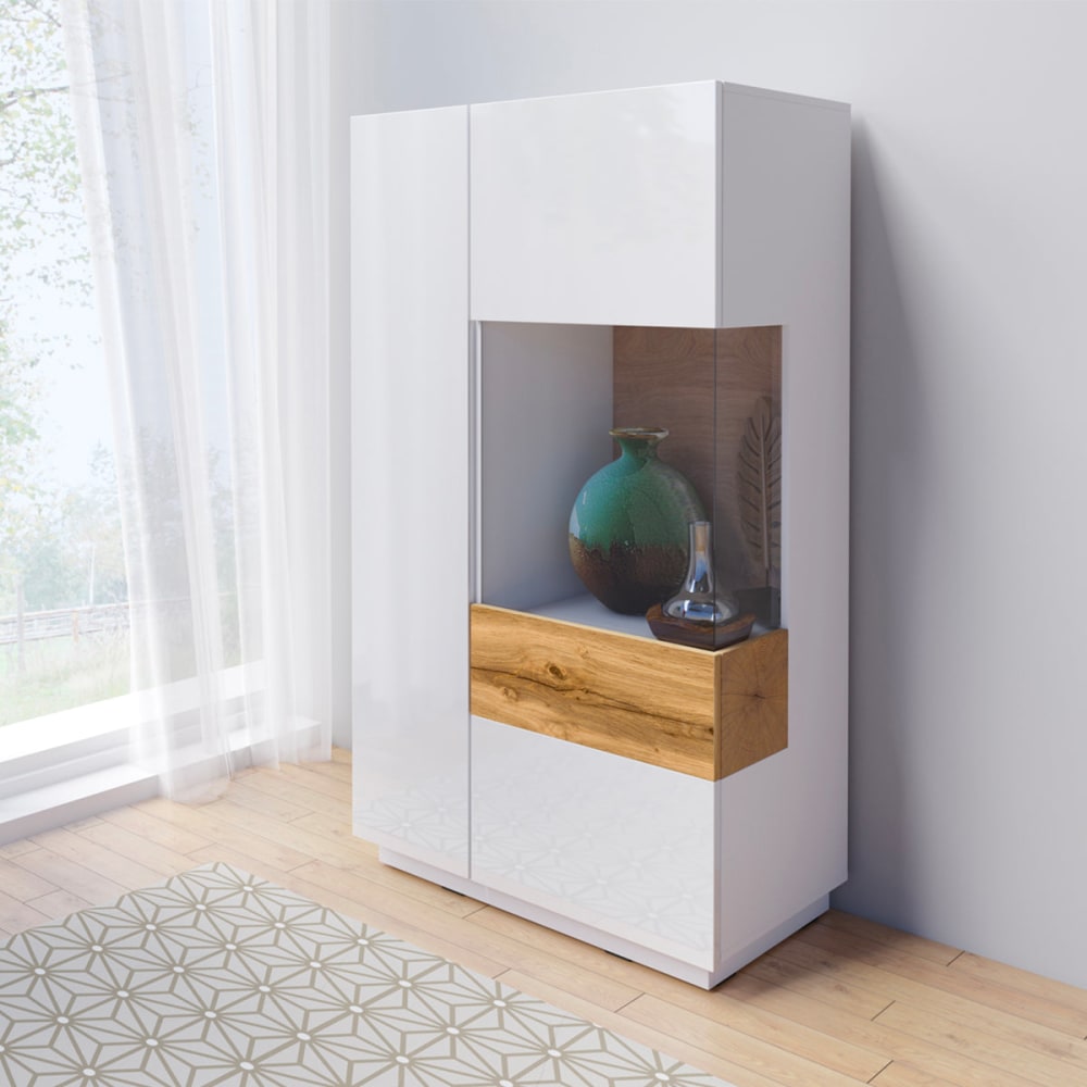 Geschirrschrank 2 Türen Öffnung rechts Spanplatten Weiß und Holz