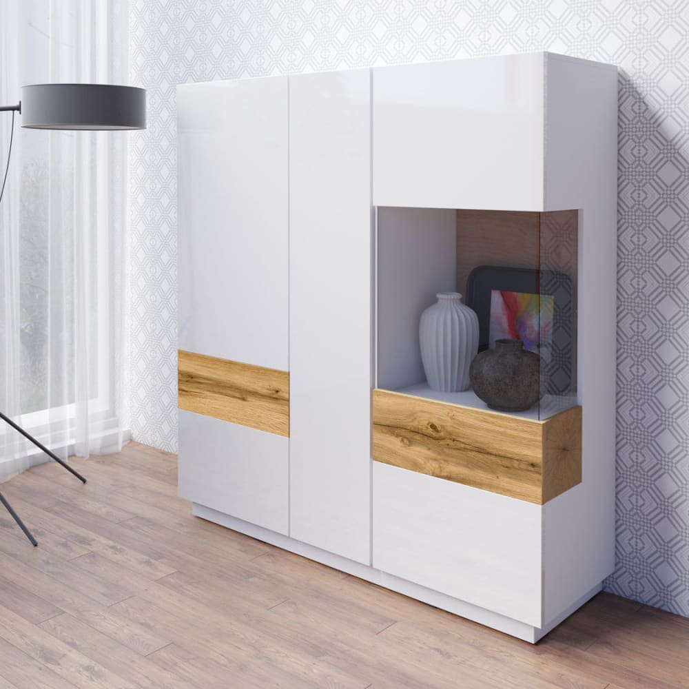 Andrea 3-türiges Geschirrregal Spanplatten Weiß und Holz -