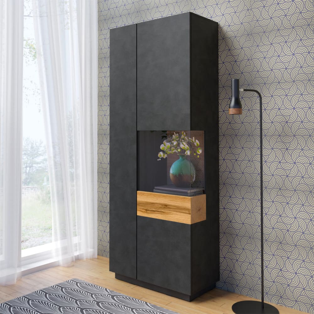 Vitrine 2 Türen rechts öffnend Spanplatten Anthrazitgrau und Holz