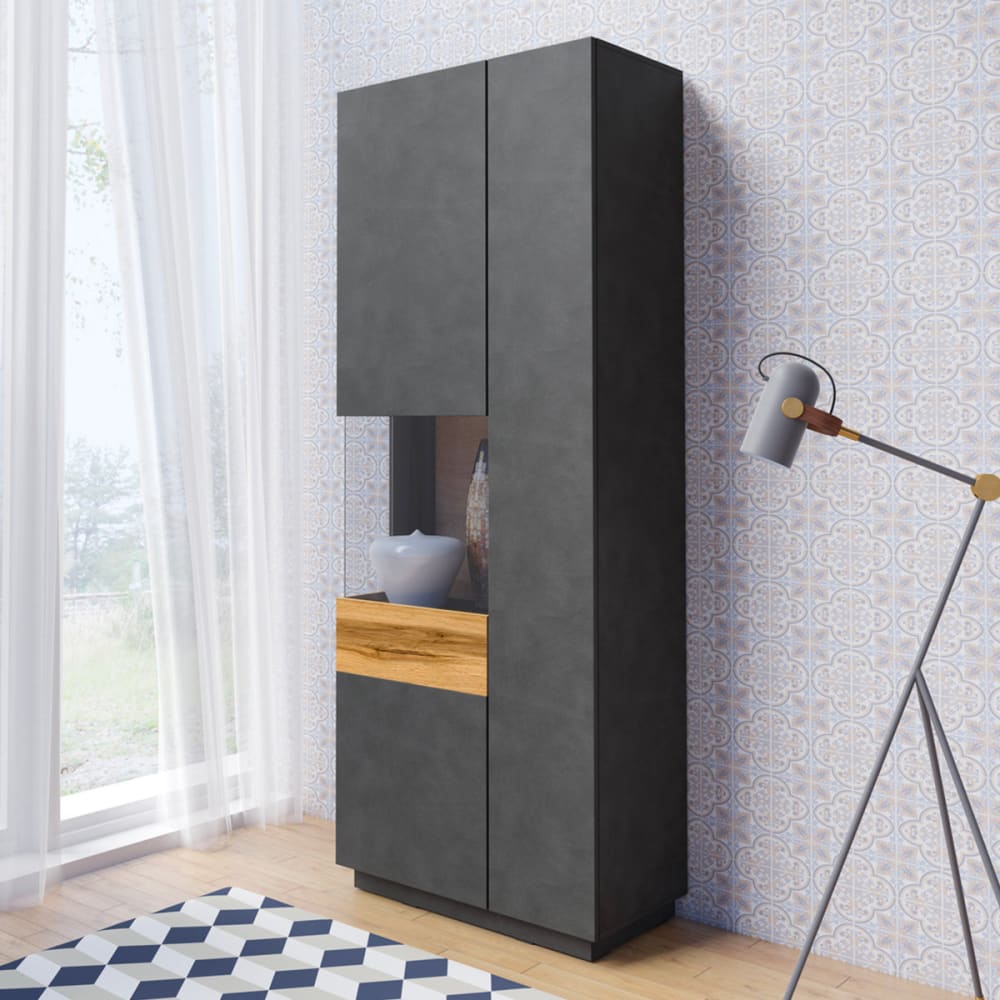 Vitrine 2 Türen links öffnend Spanplatten Anthrazitgrau und Holz