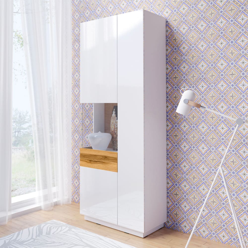 Vitrine 2 Türen Öffnung links Spanplatten Weiß und Holz - Maisons