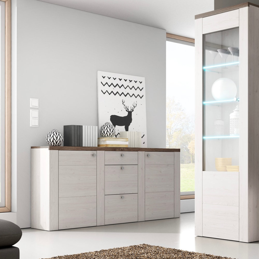 Sideboard 2 Türen 3 Schubladen Spanplatten Holz und Weiß -