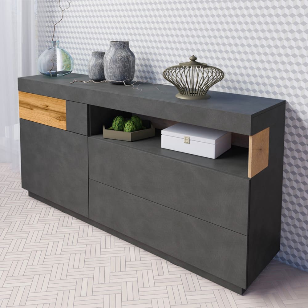 Buffet 1 porte 3 tiroirs blanc et effet béton - Maisons du Monde