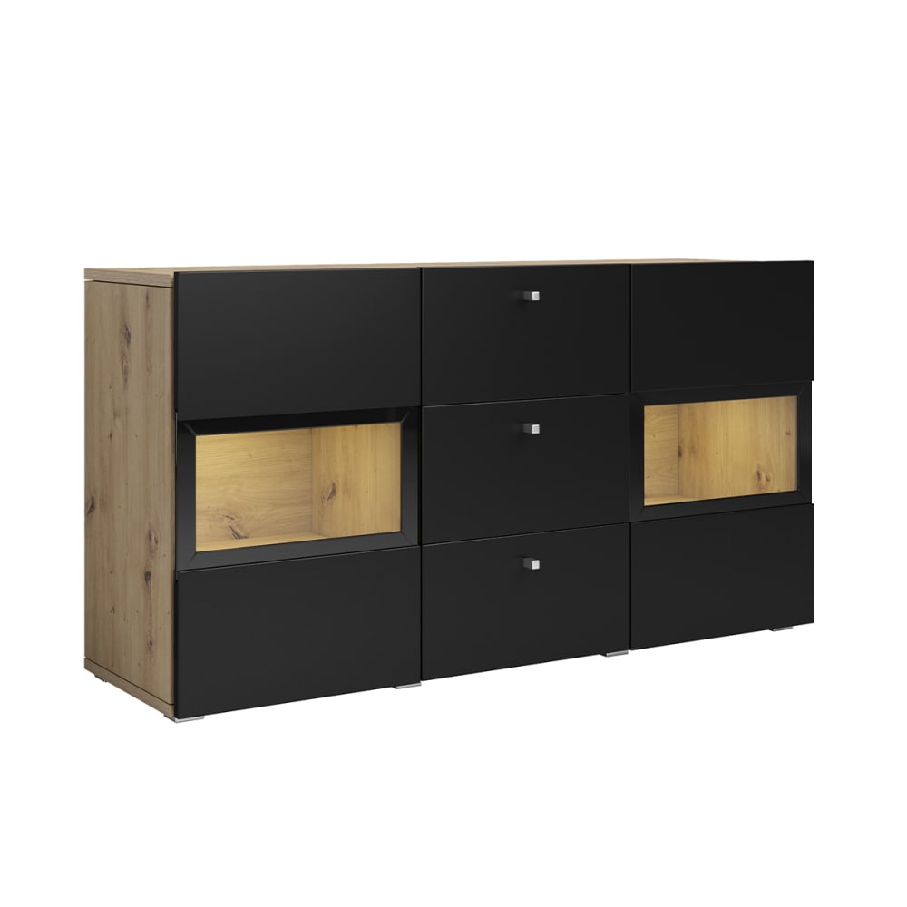 Buffet 2 portes 3 tiroirs avec LED stratifiés noir et bois