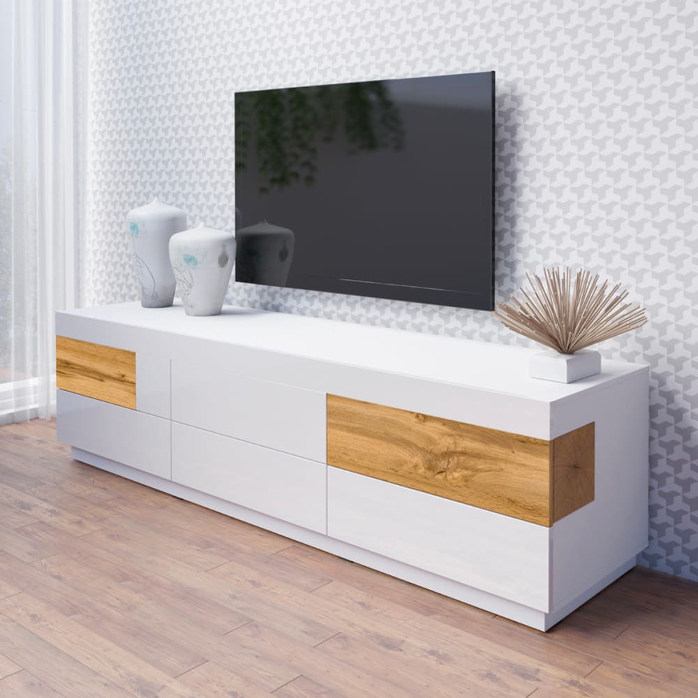 Meuble tv 6 tiroirs 206 cm panneaux agglomérés blanc - Maisons du Monde