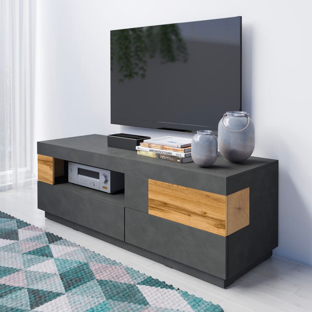 Meuble tv 1 porte 2 tiroirs 160 cm panneaux agglomérés gris - Maisons du Monde